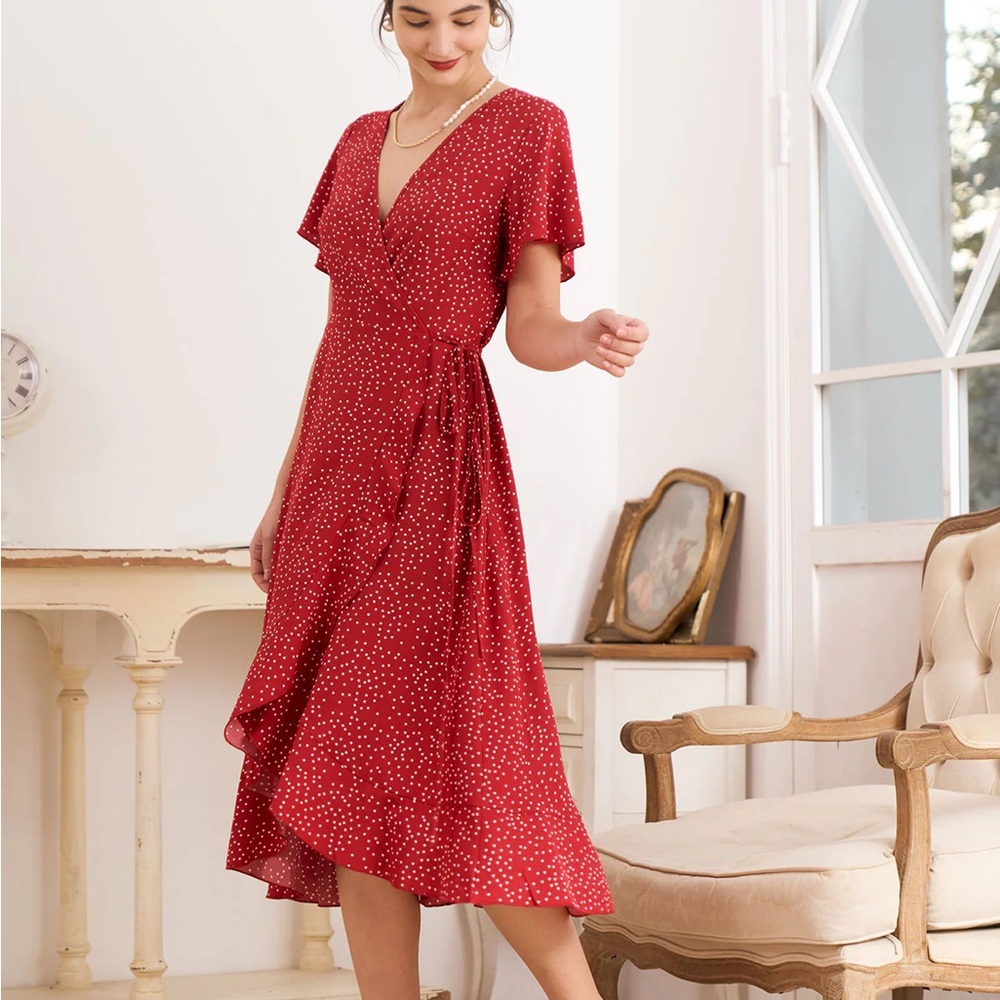Rihoas Red Polka Dot Wrap Dress
